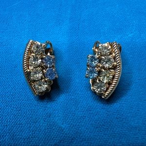 Vintage Gold, Blue, Light Green Rhinestone Clip Earrings